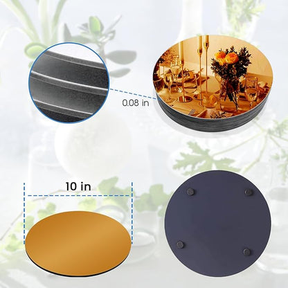 VASUHOME 10" Gold Mirror Centerpieces for Tables, Round Mirror Plates Set for Candle, Wedding, Party Decorations, Circle Mirror Trays with Smooth Edge and Cushioned Feet, 2mm Thick