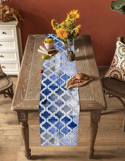 Blue Morocco Plaid Cotton Linen Table Runner for Dining Kitchen, Wedding Outdoor Party Tablerunners Decoration, Distressed Abstract Painted Vintage Dresser Scarf Coffee Tablecloth Runners 13x48 Inches