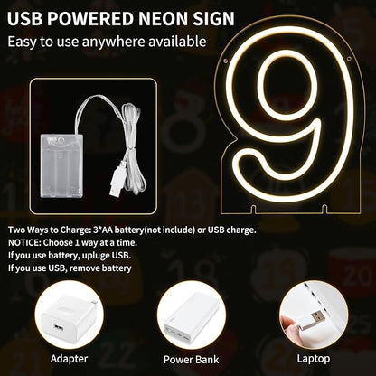 Number 9 LED Neon Sign Backdrop Birthday Party Decoration, 11.3" Height Warm White Marquee Numbers Nine Light Up Sign for Wedding Anniversary Window Wall Table, Indoor Battery Operated or USB