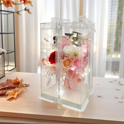 Preserved Flowers Bouquet Romantic Valentines Day Gift for Her LED Light 3 Preserved Real Rose for Delivery Christmas Mothers Day Birthday Gifts for Women Mother Wife Girlfriend (Pink)