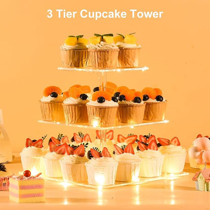 3 Tier Cupcake Stand Cupcake Holder, Acrylic Cupcake Tower with LED Yellow Light for 24 Cupcakes, Dessert Table Display Set for Birthday, Bar, Decor Weddings, Parties Events