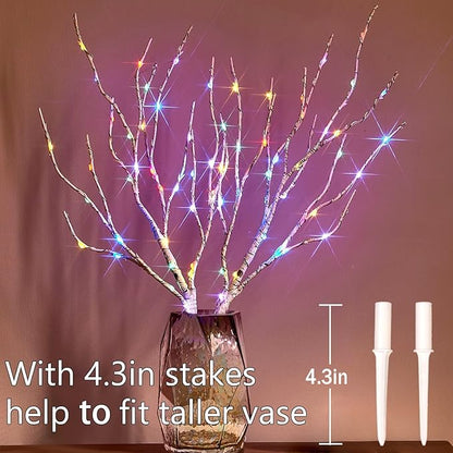 Fudios Lighted Birch Branches with 70 Multicolor LED Fairy Lights 18in Battery Operated, Lit White Twig Branches Color Changing Lights for Christmas Party Decoration