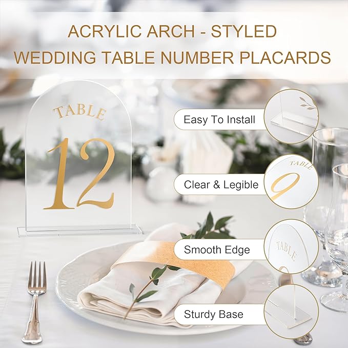 Wedding Table Numbers 1-25 Clear Acrylic Seating Number Signs for Weddings Reception Anniversary Party Decor Seat Number for Tables with Elegant Gold Lettering