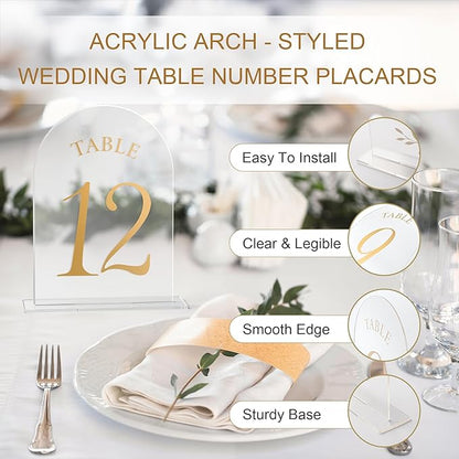 Wedding Table Numbers 1-25 Clear Acrylic Seating Number Signs for Weddings Reception Anniversary Party Decor Seat Number for Tables with Elegant Gold Lettering