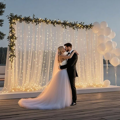 10×10ft Tulle Backdrop Curtains with Lights String - 300LED Fairy Lights Sheer Curtain Backdrop for Weddings Baby Shower and Birthday Party Decorations(6 Panels 5×10ft)