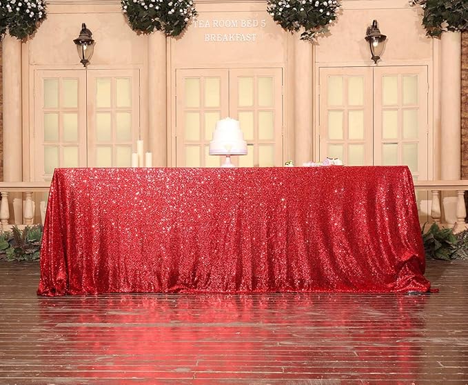 SquarePie Sequin Tablecloth 90 x 156 Inch Red Sparkly Table Linen for Wedding Party