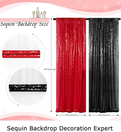 ShinyBeauty 4 Panels Black and Red Sequin Backdrop | 2Ft x 8Ft Sparkle Photo Background | Shimmer Curtains for Photography & Events | Perfect for Christmas & Party Decor