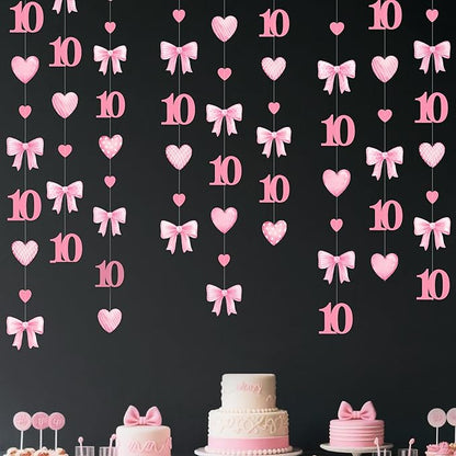 40Ft Pink 10th Bow Birthday Decorations Hot Pink Conquette Bow Heart Garland Streamer Banner for Girls Happy 10th Birthday Double Digits I'm 10 Cheers to 10 Years Old Anniversary Party Supplies