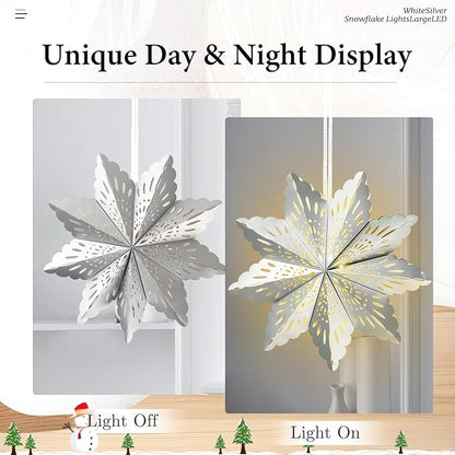 5 Pcs Christmas Paper Snowflake Lanterns, Large 3D Christmas Paper Star Lanterns with LED Lights, White Silver Hanging Snowflake Lamps for Xmas Winter Frozen Weddings Holiday Party Decorations