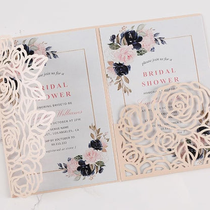 50pcs Tri-Fold Laser Cut Invitation with Envelope Blank Inner Sheets RSVP Cards Personalized Wedding Invitations for Bridal Shower QuinceañEra Engagement Birthday Invites 5X7 Inch Blush Pink