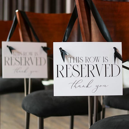 Ritzy Rose Set of 2 Reserved Row Sign for Wedding Ceremony Chairs or Events - Thick Paper Banner for Seating - White Linen Cardstock with Black Font and Black Satin Ribbon - 11x8.5 inches