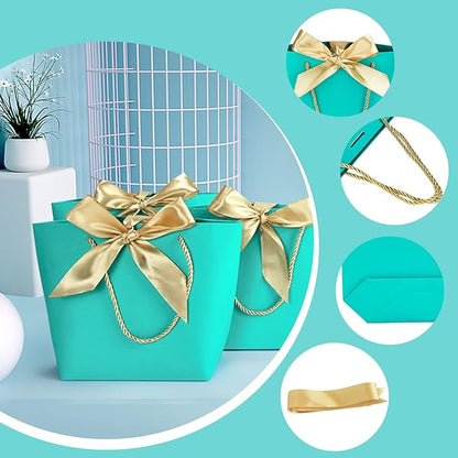 HUAPRINT Gift Bags with Handles,7.48×3.54×7.9 inches,Party Favor Bags with Bow Ribbon,12Pcs Teal Blue Paper Bags for Birthday Wedding Bridesmaid Holiday