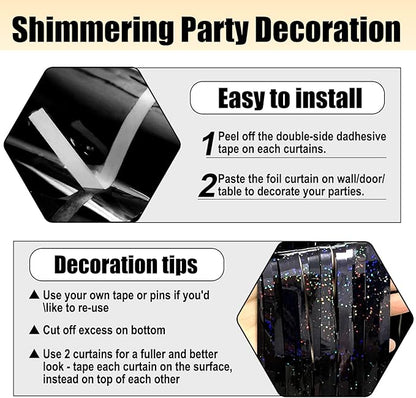 6 Pack Black Foil Fringe Curtain Backdrop, 3.28Ft x 8.2Ft Metallic Tinsel Foil Fringe Streamer Curtains for Photo Booth, Birthday, Wedding, New Year Party Decorations