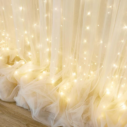 10ft x 10ft Champagne Tulle Backdrop Curtain with Lights String for Parties Wedding Bridal Shower Sheer Champagne Curtain Backdrop for Birthday Party Baby Shower Photo Booth Decorations