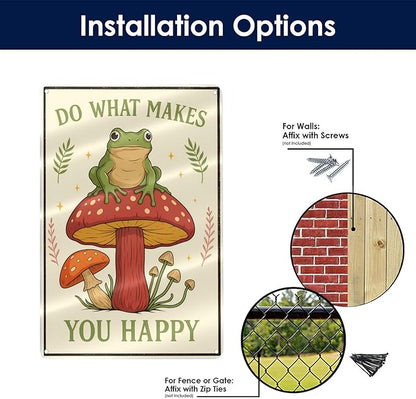 Funny Frog on Mushroom Metal Sign - Cute Cottagecore Forest Wall Decor for Bathroom, Kitchen, Bedroom or Patio - Whimsical 12" x 8" Tin Sign