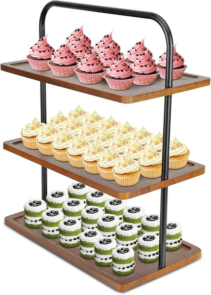 Solid Hardwood Cupcake Stand (Not Medium Density Fiberboard/Plywood), Raised Edges for 50 Cupcakes, 3 Tier Wooden Dessert Holder for Party, Woodsy Rustic Tower for Decor/Wedding/Birthday