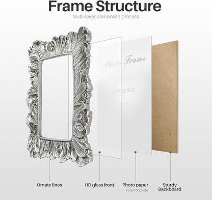 Cuspin 8x10 Picture Frame Silver, Vintage Silver Palm Leaves Textured Hand-Crafted Resin with Glass Front, Elegant Retro Design Photo Frame for Wall and Tabletop Display Home Decor
