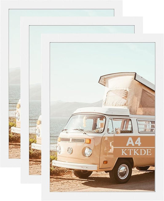KTKDE A4 Picture Frame White Wooden Photo Frame Set of 3, for Certificate Poster and Photo, Horizontal and Vertical Formats 8.3x11.7 Frame with Shatter Resistant Plexiglass Home Decor best gift