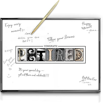 Framed Retirement Decorations Guest Book for Men 12"x16" Black Frame, Party Decor - including Gold Pen & Acrylic Glass - Happy Retirement Card Centerpieces, Retired Party Decor Gifts for Him