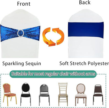 10 Pcs Chair Sashes Sequin Stretch Chair Bands Spandex Polyester Bows for Party Hotel Wedding Banquets Decoration - Royal Blue