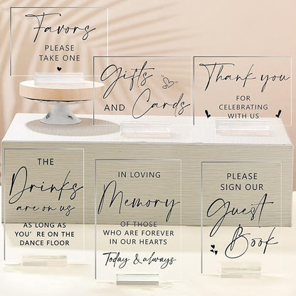 Weysat 6 Pcs Clear Acrylic Wedding Signs for Reception and Ceremony 5'' x 7'' Wedding Signage with Stand in Loving Memory Table Decorations Cards and Gifts Guestbook Reserved Table Sign(Classic Style)