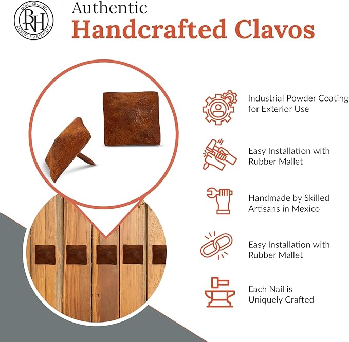100 Pack 1.25" Square Head Iron Clavos Decorative Nails – Rusted – Handmade Rustic Square Fasteners for Farmhouse Shutters, Faux Wood, Barn Doors, Shutters, and Gates – Ornamental Wood Accent