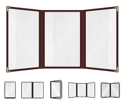 Goodsmart Restaurant Menu Covers – Burgundy, 25 Pack, 6-View Trifold 5.5" x 8.5", Side-Loading Vinyl & Plastic Menu Holders, Clear Menu Sleeves, Leather-Style Café Covers with Gold Corners