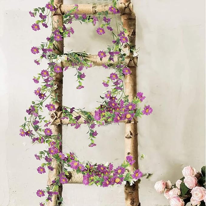 2 Pack Artificial Purple Flower Garland Silk Daisy 13FT Fake Vines Purple Birthday Party Decorations Wisteria Hanging Flowers Garland for Backdrop Arch Wall Home Wedding Indoor Cemetery Decor