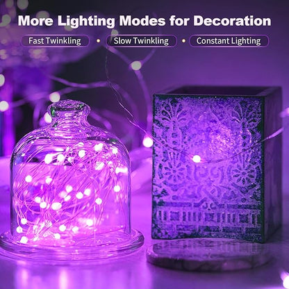 20 Pack LED Fairy Lights Battery Operated,3 Features Blinking Slowly Blinking & just on 7FT 20 LED Waterproof Mini Twinkle String Lights for Wedding Mason Jars Halloween Christmas Decorations,Purple