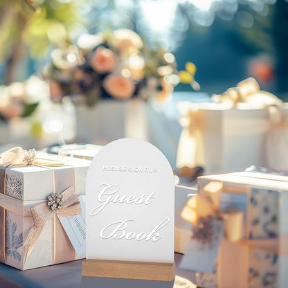 Wedding Guest Book Sign for Ceremony and Reception, Acrylic Wedding Signs with Wood Stand, 5x7" Frosted Arch Please Sign Our Guestbook sign, Perfect for Rustic Wedding Decoration, Party, Anniversary