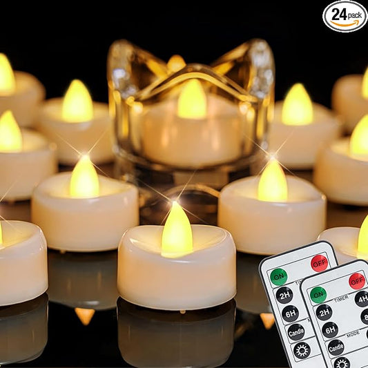 Remote Candles, 24PCS Flameless Tea Lights Candle Battery Operated with Timer, 400+Hours Remote Control LED Tea Lights Votive Candle - 1.5'' D X 1.25'' H- Warm Yellow Light