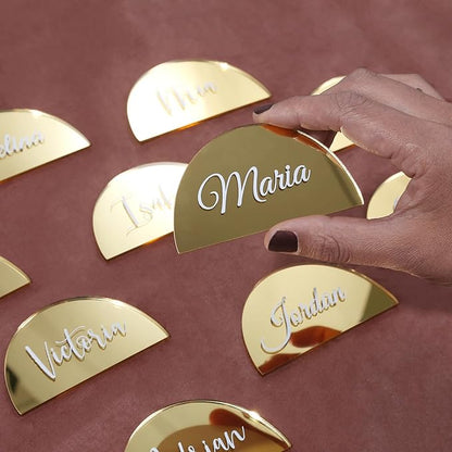 UNIQOOO 20 Pcs 3.5x2 inches Gold Mirror Half Circle Acrylic Sign DIY Blank Semicircle Acrylic Place Cards, Perfect for Wedding Table Decor, Centerpiece, Decoration, Party,Anniversary, Event