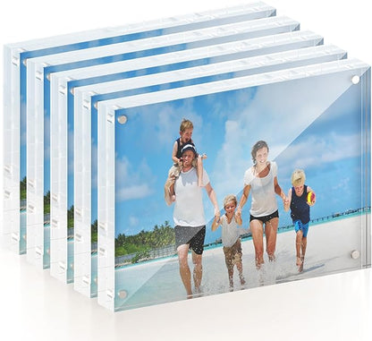 5x7 Acrylic Picture Frame 5 Pack, 20mm Thick Magnetic Double Sided Display 20% Thicker- Frameless Clear Transparent Photo Frame for Desktop/Tabletop, Self Standing with Microfiber Cloth