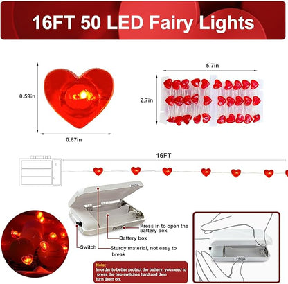 1 Pack Valentine’s Day Red Heart Fairy String Lights 16FT 50 LEDs Valentine's Day Lights Battery Powered Mother Day Decor