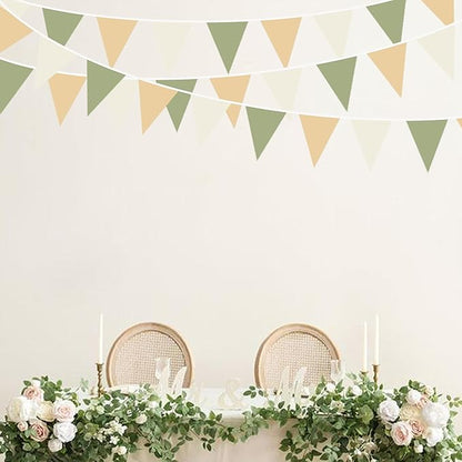 32Ft Camping Party Decorations Olive Green Tan Brown Cream Neutral Triangle Flag Fabric Banner Pennant Garland Streamers for Woodland Birthday Jungle Baby Shower Safari Camper Bachelorette Decor