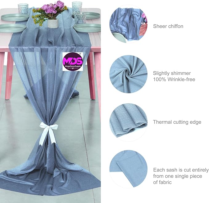 MDS 15 Pack 10ft Chiffon Table Runner 29 x 120 Inches Sheer Wedding Runner Romantic Rustic Table Runner for Wedding Decorations, Birthday Parties, Bridal Shower Party Arch Decor - Dusty Blue