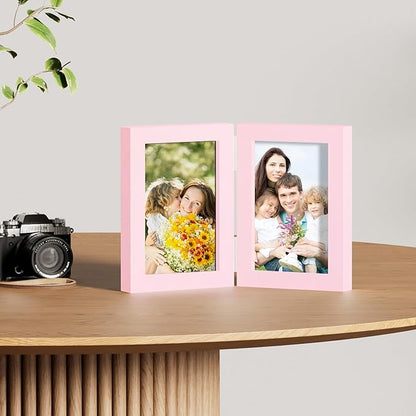 decorUhome Double 4x6 Picture Frame Vertical, Engineered Wood Bifold Photo Frame with Plexiglass for Tabletop Display, 4x6, Pink