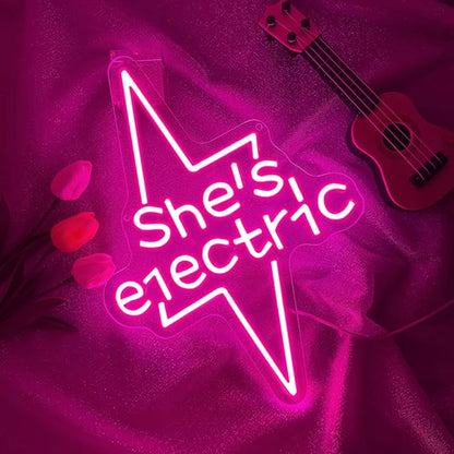 Lightning Bolt Light Up Signs for Wall Decor,Pink She's Electric Neon Sign for Birthday Live Music Concert Bedroom Club Party,Music LED Gift for Girls Teens Men Women USB Powered（15"*10.8"）