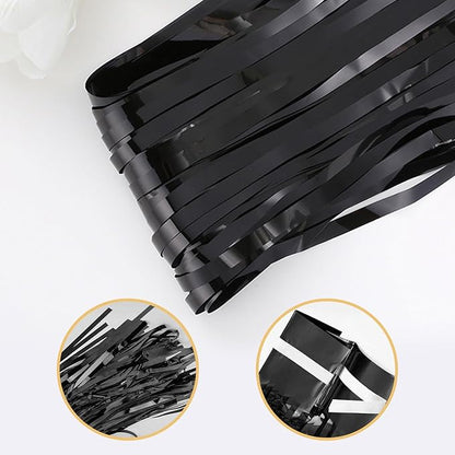 5 Pack Black Foil Curtain Backdrop 3.2ft x 9.8ft Metallic Tinsel Foil Fringe Curtains Streamer Photo Booth Backdrop for Birthday Party Engagement Bachelorette Party Decorations (Black)