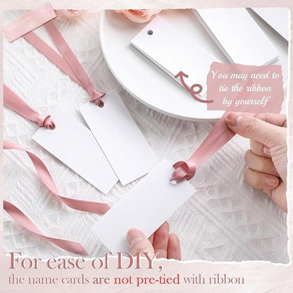 50 Pcs Name Place Cards for Table Setting Blank Wedding Place Cards with Satin Ribbon 1.57 x 3.54 Inch Hanging Gift Tags for Wedding Dinner Banquet Party Table Setting Supplies(Rose Gold)
