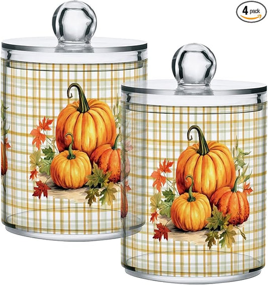 Gredecor 4 Pack Apothecary Jars with Lid Pumpkins Gingham Plaid Qtip Holder Dispenser Storage Containers Clear Plastic Rustic Fall Autumn Thanksgiving Theme Canisters for Bathroom Vanity Organization