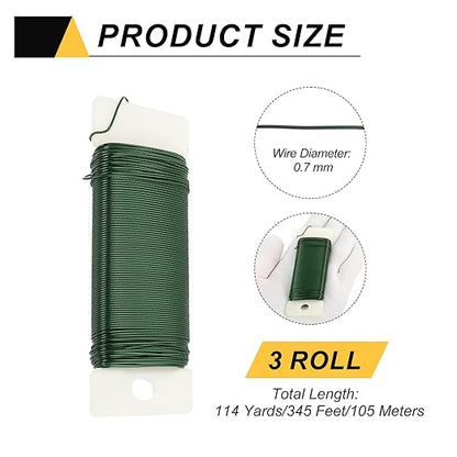 MECCANIXITY 114 Yards/345 Feet Metal Floral Wire 21 Gauge Green Flexible Paddle Thin Floral Wires for Craft, Christmas Wreath, Flower Arrangement, Wedding, Total 3 Roll