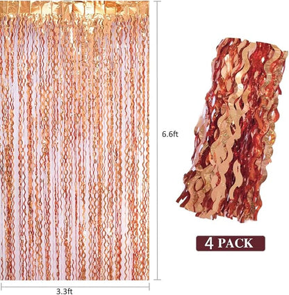 4 Pack 3.3x6.6ft Wavy Orange Foil Fringe Backdrop Curtains -Tinsel Streamers Metallic Foil Fringe Backdrop Door for Halloween, Graduation,Baby Shower,Gender Reveal