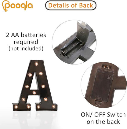 Pooqla Light Up LED Letter Marquee Sign - Alphabet Marquee Letters with Lights for Wedding Birthday Party Christmas Night Light Lamp Home Bar Decoration A, Black