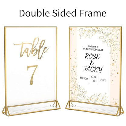 NIUBEE 6Pack 4 x 6 Clear Acrylic Sign Holder with Gold Borders and Vertical Stand, Double Sided Table Menu Holders Picture Frames for Wedding Table Numbers, Restaurant Signs, Photos and Art Display