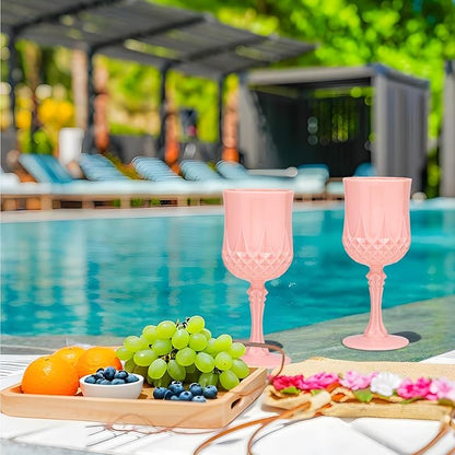 Plastic Vintage Wine Glasses 7OZ Plastic Goblets Vintage Drinking Glasses 48PCS Retro Wedding Glassware Water Goblets Reusable Drinking Cups for Party,Reception,Celebration,Bar,Whiskey(Light Pink)