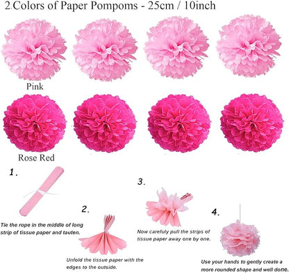 ZERODECO Party Decoration, 21 Pcs Pink Hanging Paper Fans, Pom Poms Flowers, Garlands String Polka Dot and Triangle Bunting Flags for Birthday Parties, Bridal Showers, Baby Showers, Wedding