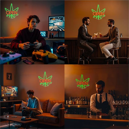 Ineonlife Green Leaves Open Neon Sign USB Dimmable Neon Signs for Wall Decor Psychedelic Led Light for Bar Club Cafe Shop Parties Window Decorations Adjustable Art Green Leaves Light