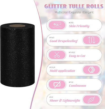 Glitter Tulle Rolls 6” by 50 Yards Sparkle Tulle Fabric Ribbon Sequin Tulle Netting Rolls for DIY Tutu Skirt Wedding Birthday Party Decoration (Black)