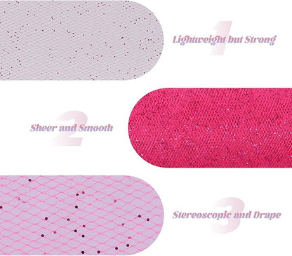 Glitter Tulle Rolls 6” by 50 Yards Sparkle Tulle Fabric Ribbon Sequin Tulle Netting Rolls for DIY Tutu Skirt Wedding Birthday Party Decoration (Fuchsia)